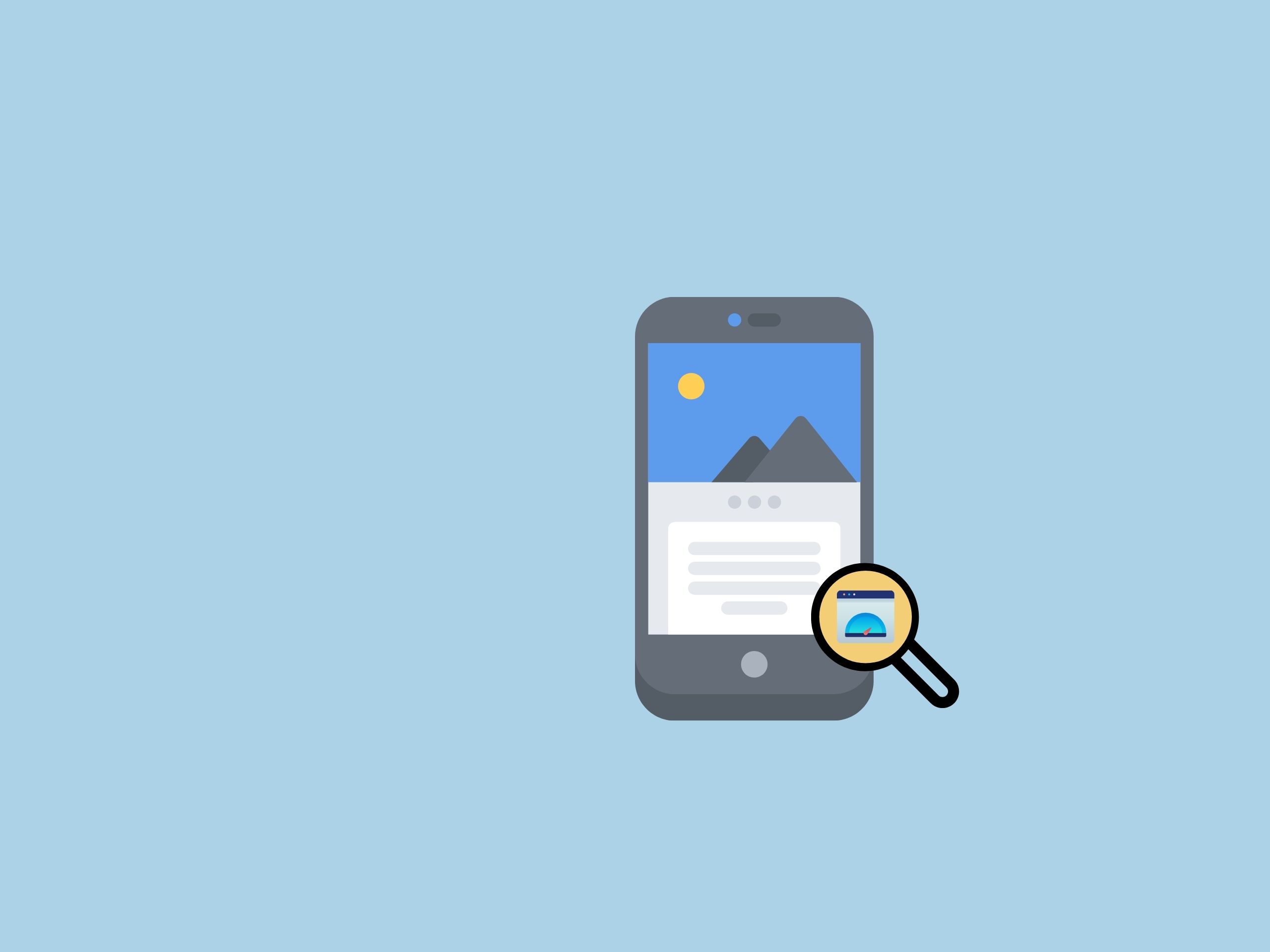 Celular com a ilustração de um texto. Ao seu lado, uma lupa fazendo alusão aos trabalho de otimização de um site (SEO)