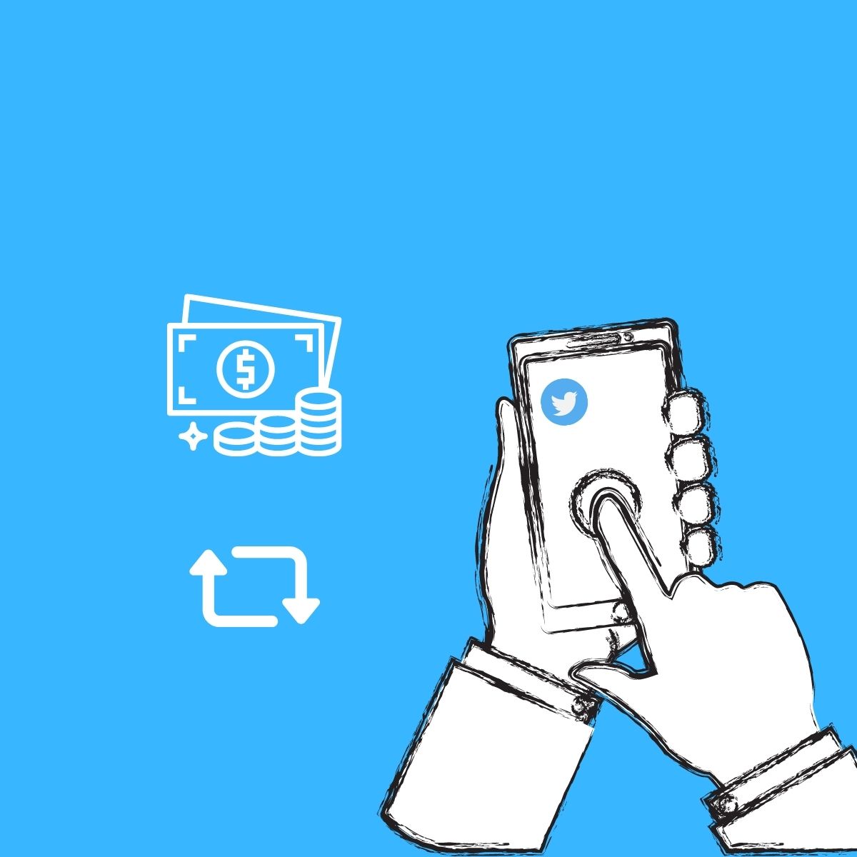 Uma mão segurando um celular com ícone do Twitter. Ao lado, dois ícones: um de dinheiro e outro de troca.