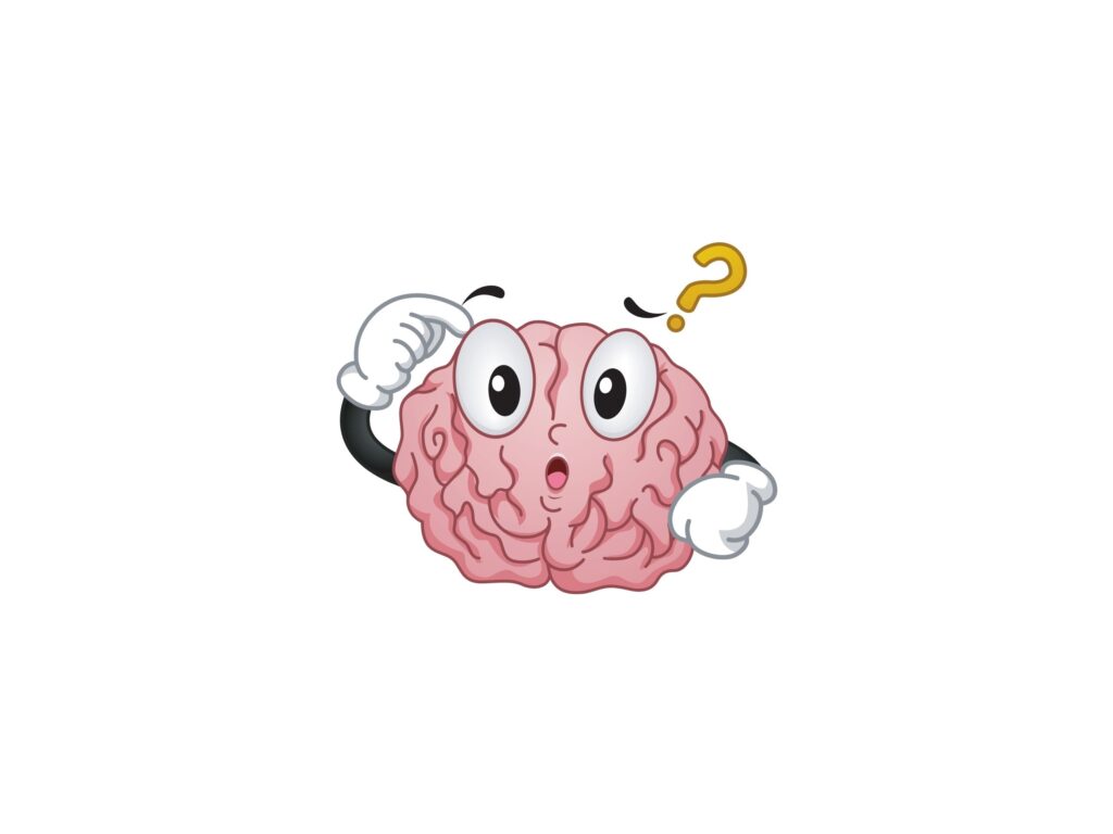 Ilustração de um cérebro com bloqueio criativo no centro da imagem. Em cima, um ponto de interrogração.